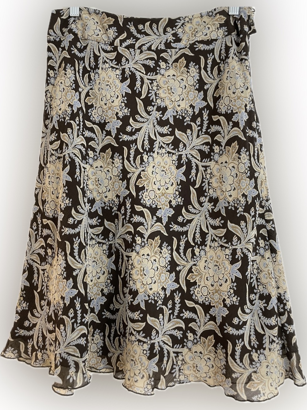 Ann Taylor Silk Brown A-Line Skirt with Blue/Cream Floral Print